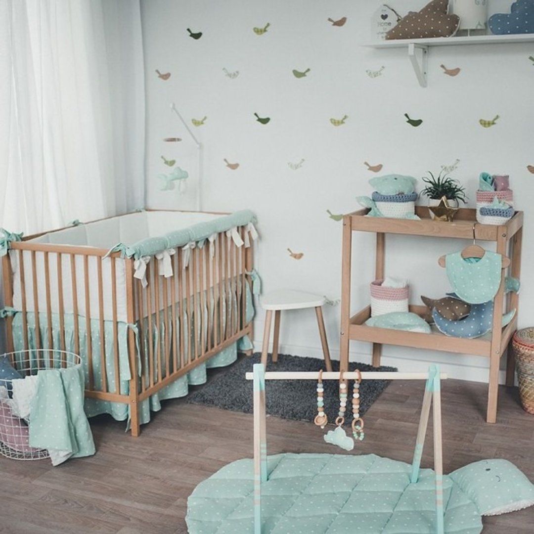 Pastel mint baby bedding set, linnen pillow and duvet cover, rail cover, bumper, bed skirt, bed sheet - 其他 - 棉 蓝色