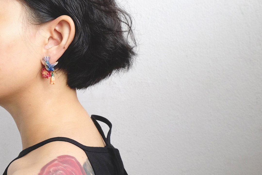 Humming Melody Earrings Humming Bird Jewelry - 耳环/耳夹 - 铜/黄铜 多色