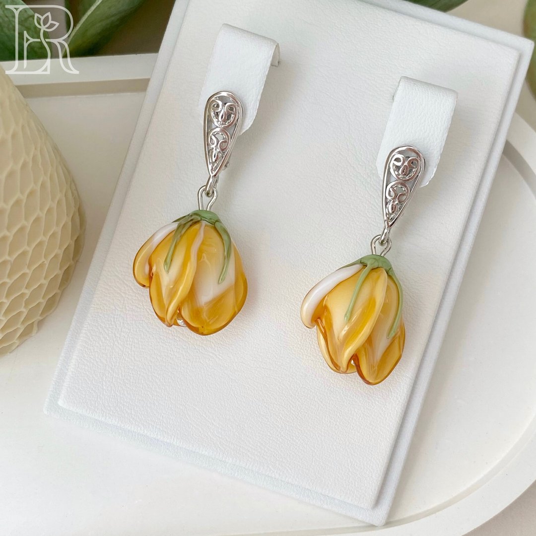 Wedding Boho Flower Earrings / Botanical Bridesmaid Dangle Earrings - 耳环/耳夹 - 纯银 橘色
