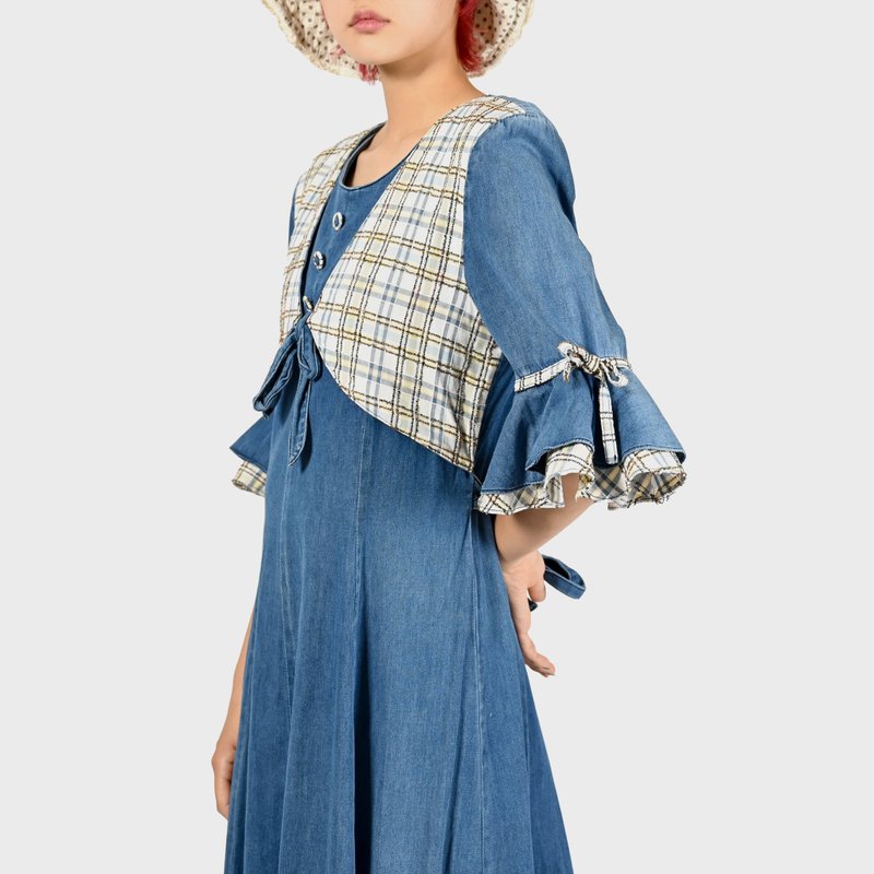 【蛋植物古着】蔚蓝青空牛仔短袖古着洋装 - 洋装/连衣裙 - 棉．麻 蓝色