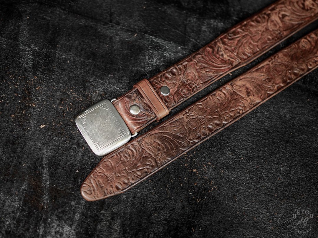 Tooled Hickok Buckle Belt 唐草雕花旧化渐缩皮带 - 皮带/腰带 - 真皮 咖啡色