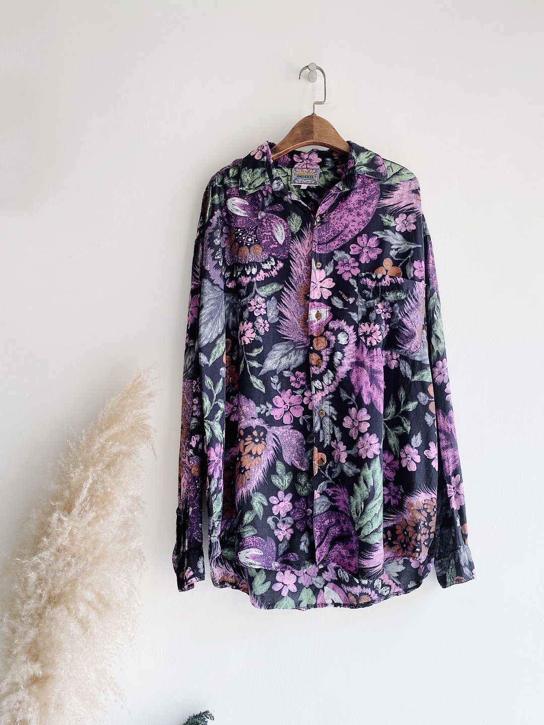 黑桃紫渲染花卉秋季时节 古着翻领纯丝衬衫上衣 vintage Shirt - 女装衬衫 - 丝．绢 多色