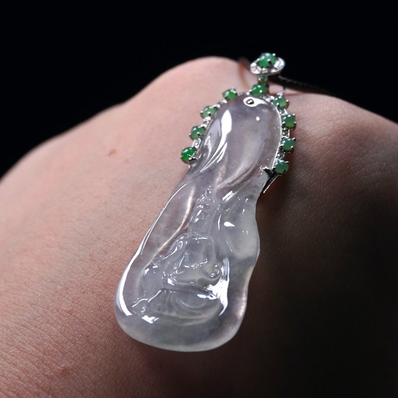 玻璃种翡翠自在观音菩萨项链18K金钻石| 天然缅甸玉翡翠A货| 送礼 - 项链 - 玉石 透明