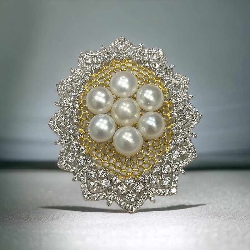 I JEWELRY 顶级纯银订制爆闪锆石宫廷风珍珠纯银别针胸针附保证卡 - 胸针 - 纯银 银色