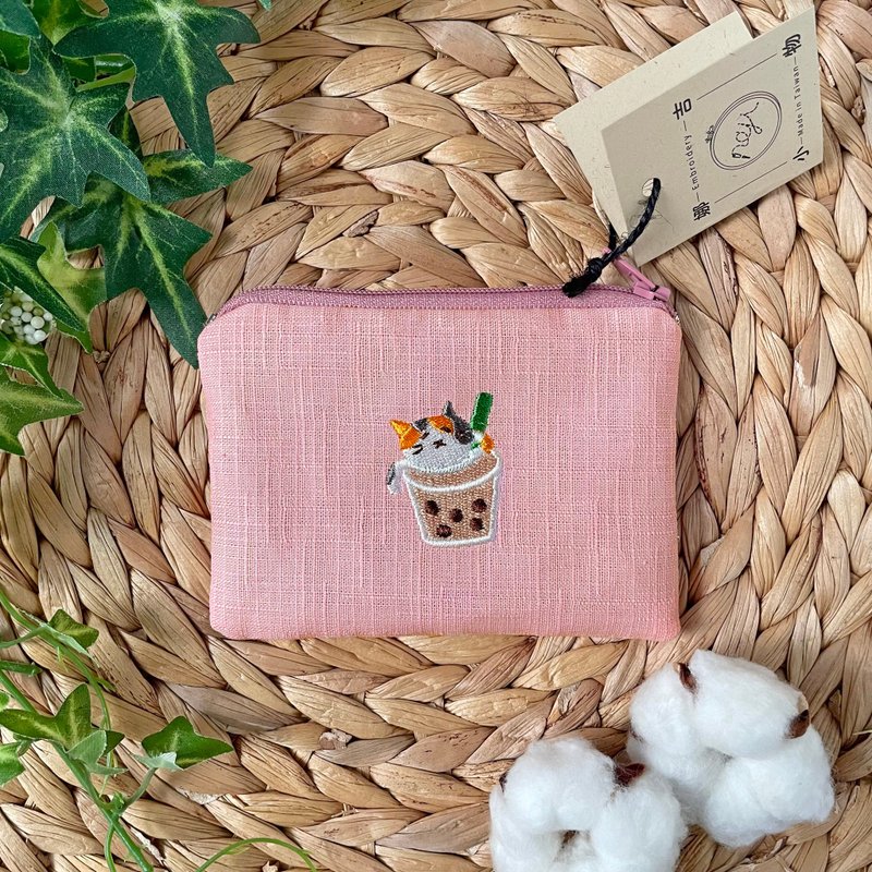 娜吉小物。小吃猫咪系列零钱包－三花娜吉与珍珠奶茶 - 零钱包 - 棉．麻 粉红色