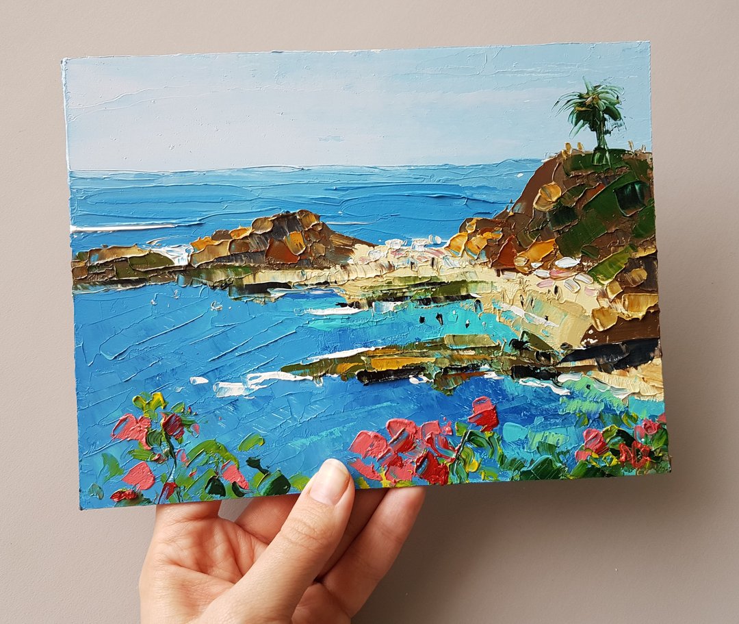 Laguna Beach Oil Painting Small Original Seascape Artwork Seaside Wall Art - 海报/装饰画/版画 - 其他材质 蓝色