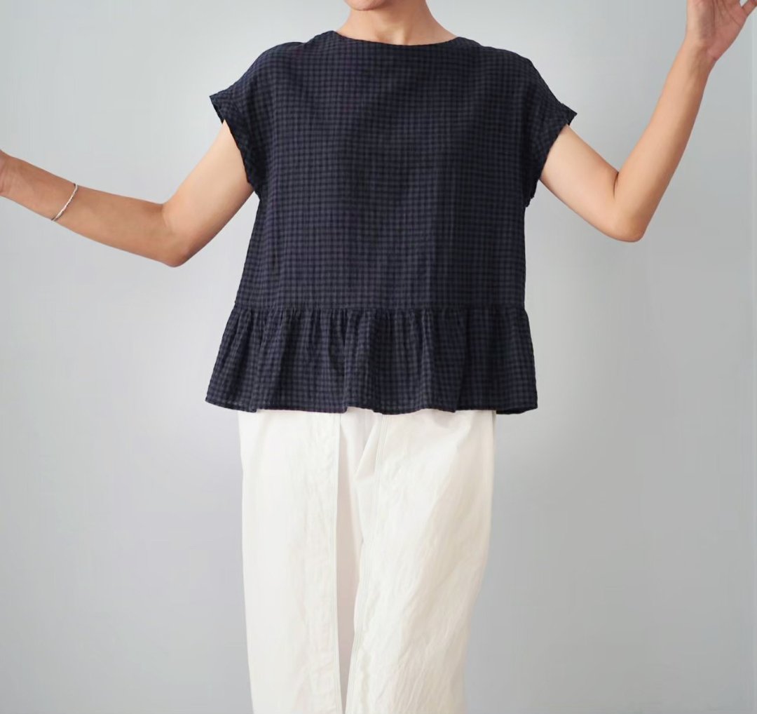 Cotton Short Sleeve Blouse - 女装上衣 - 棉 蓝色