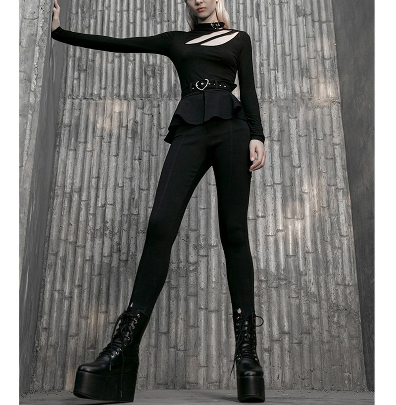 哥德少女桃心荷叶牛仔裤 - 背带裤/连体裤 - 其他材质 黑色