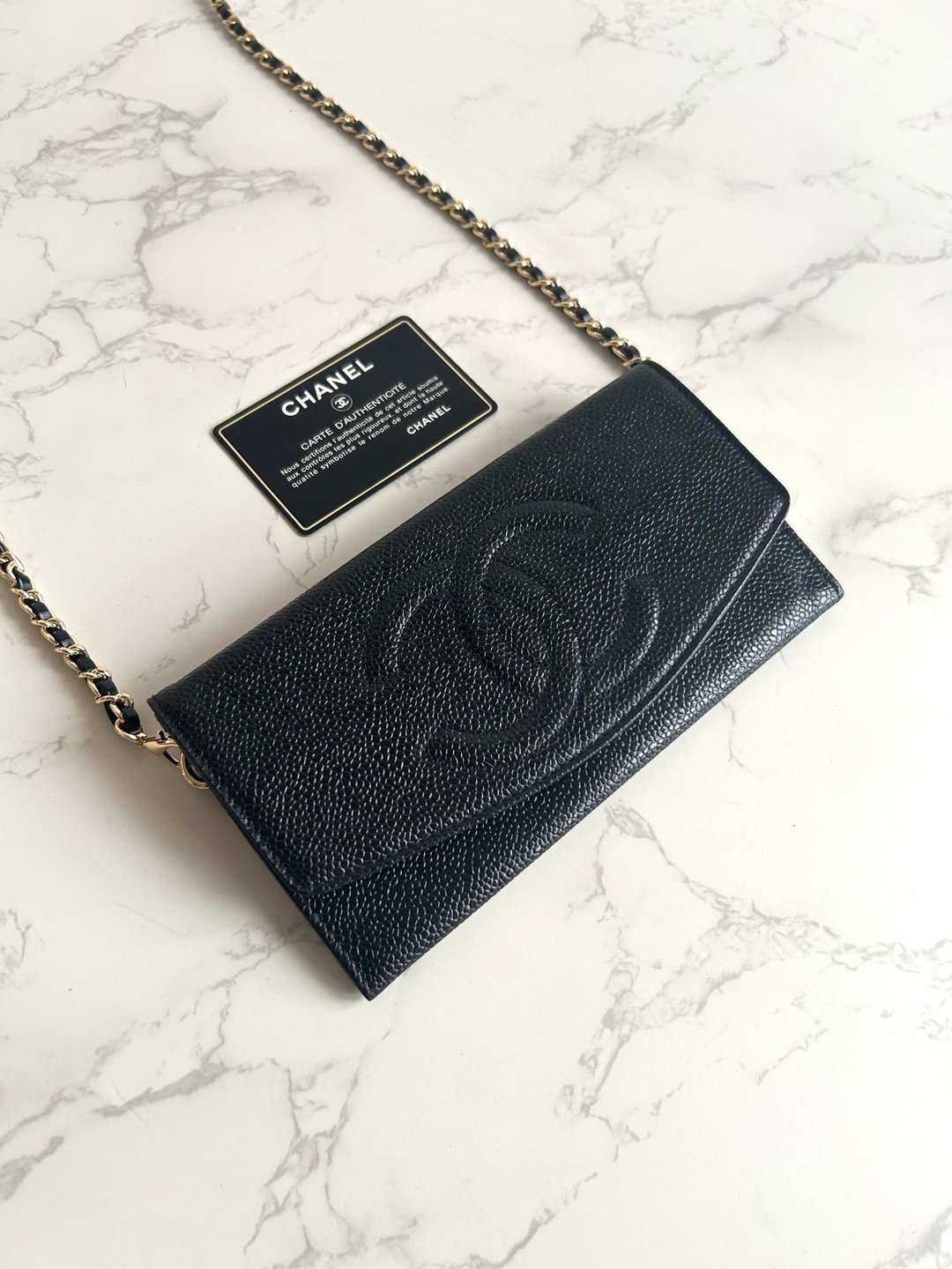中古二手Chanel黑色鱼子酱皮革WOC单肩包侧背斜孭小包手拿袋长夹 - 侧背包/斜挎包 - 真皮 黑色
