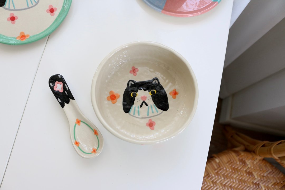 Lasagna Bowl Cat with Spoon - 盘子/餐盘/盘架 - 陶 黑色