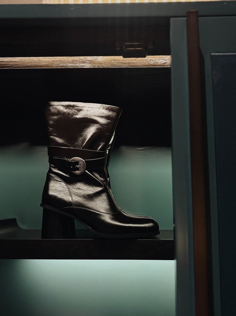 宽筒束口 粗跟高跟短靴 手工製 - 女款短靴 - 真皮 黑色