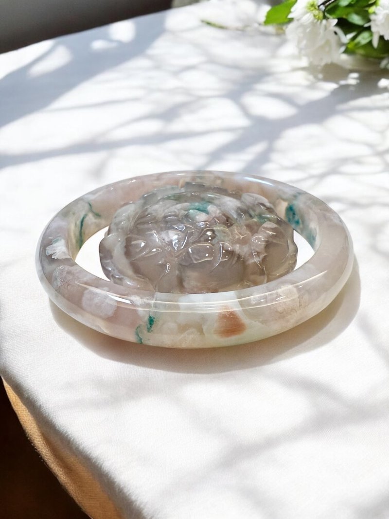 樱花玛瑙手镯玛瑙手镯绝美稀有蜜桃菜园子料牡丹花精工雕刻吊坠58 - 手链/手环 - 玉石 