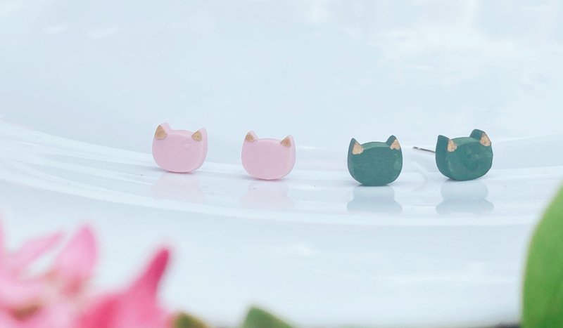 手工陶瓷 迷你猫猫头 耳针(925银针) - 耳环/耳夹 - 陶 多色