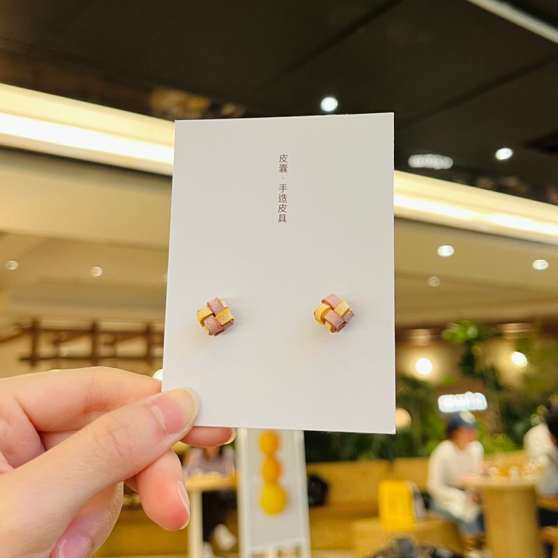 【防敏感皮革耳环】双色结-黄拼粉红色 - 耳环/耳夹 - 真皮 粉红色
