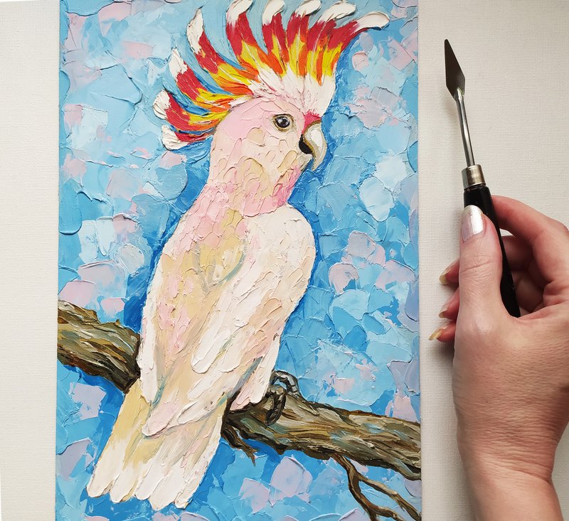 凤头鹦鹉粉红色鹦鹉油画动物鸟厚涂原始艺术艺术品 - 墙贴/壁贴 - 其他材质 蓝色