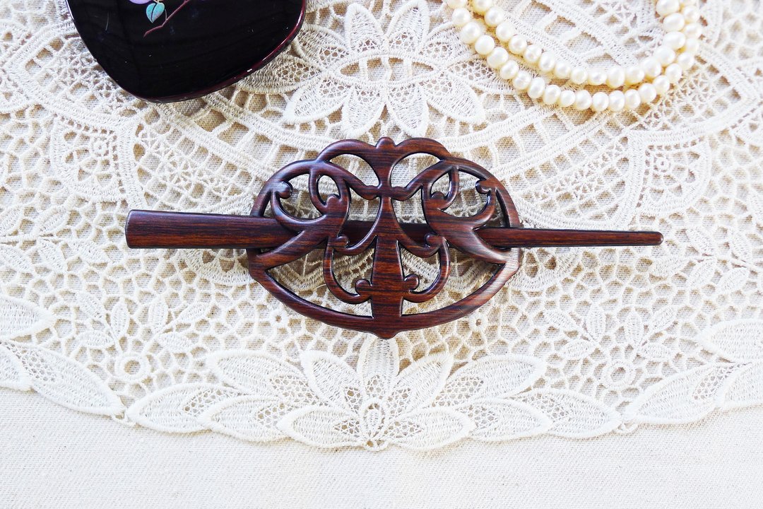 Vinatage Japanese Geometric Aztec Plastic wood printed Hair pin ,Carved design h - 发饰 - 塑料 咖啡色