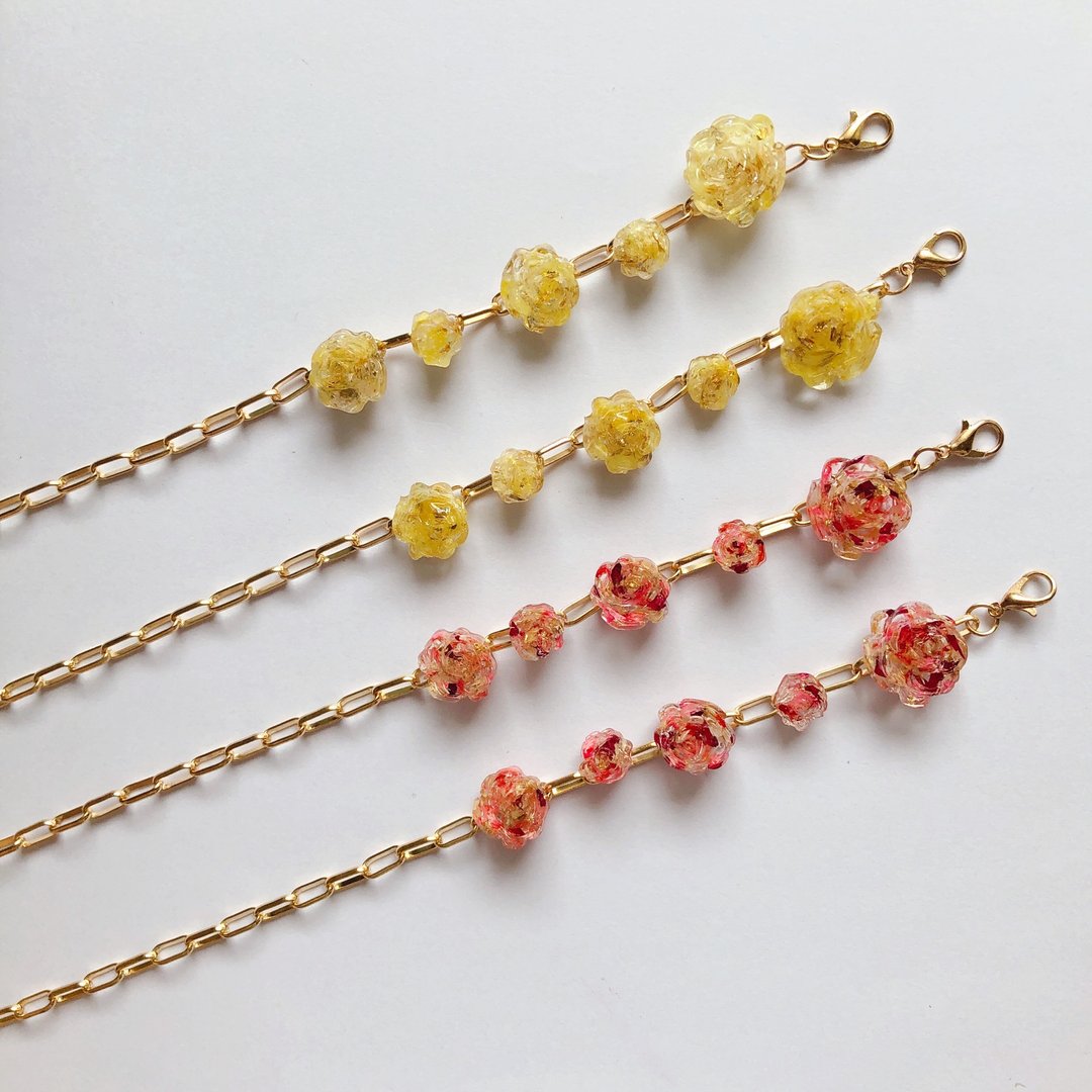 玫瑰花口罩链 手作 干燥花 日本树脂 日系 透明 黄色 粉色 - 挂绳/吊绳 - 树脂 粉红色