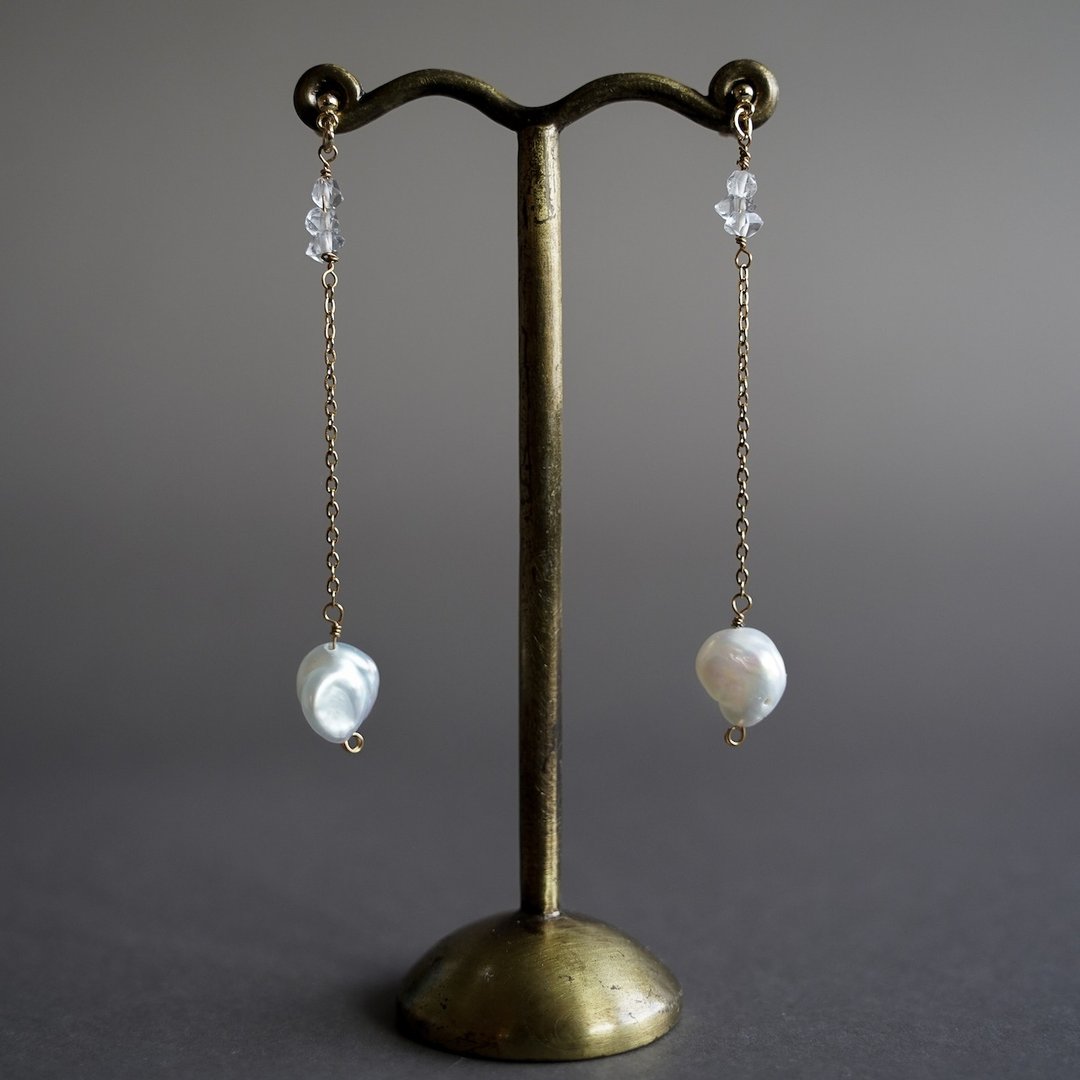 Surgical stainless × Freshwater pearl × Herkimer diamond Earrings - 耳环/耳夹 - 珍珠 金色