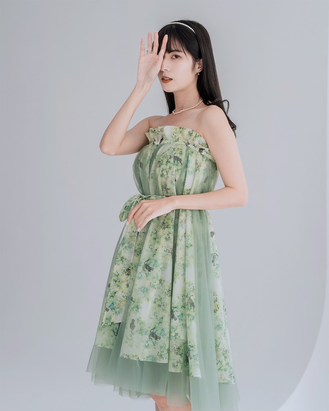 【波丽印花】双层瀑布纱裙 两穿小洋装 长裙 岚山初夏 - 裙子 - 棉 绿色