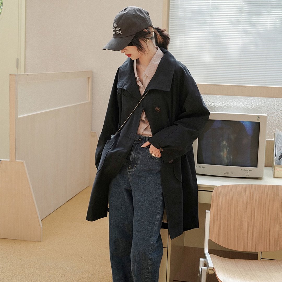 藏青色大廓型翻领风衣|外套|夏秋款|澳洲棉|Sora-998 - 女装休闲/机能外套 - 棉 