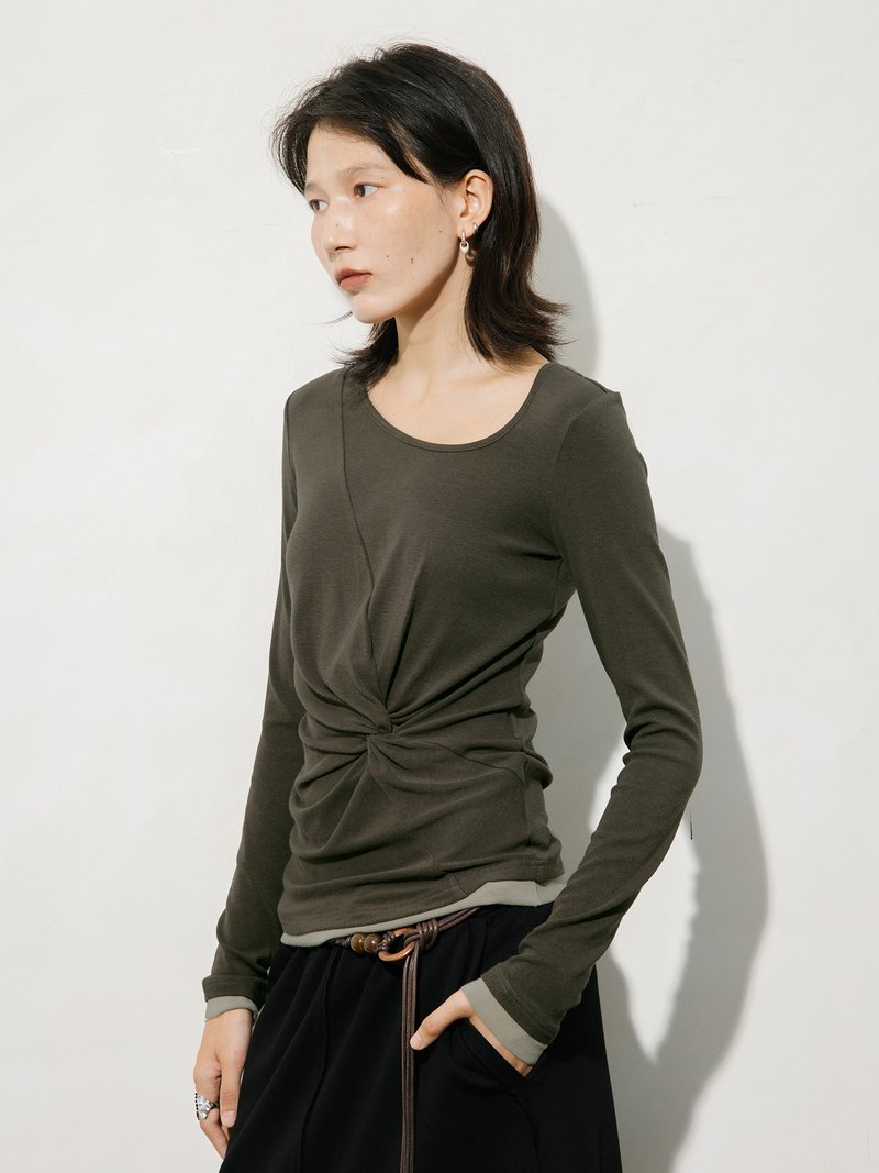 法式复古 / 弹力针织紧身斜领上衣 - 女装上衣 - 其他材质 咖啡色