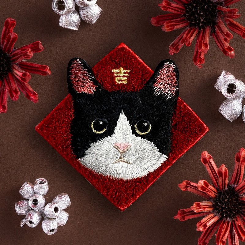 刺绣贴纸-春联-黄眼奔驰猫(C0004) - 红包/春联 - 绣线 红色