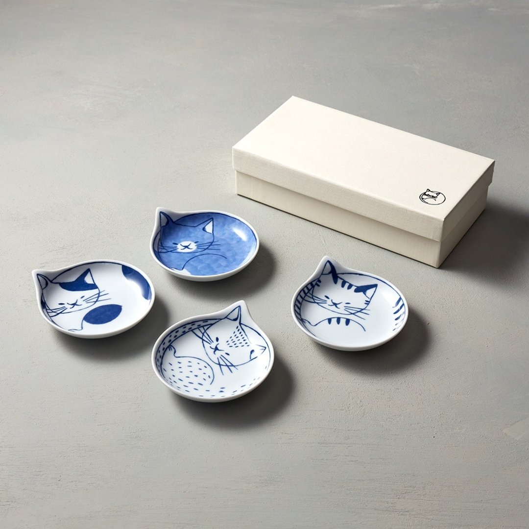 石丸波佐见烧 - neco 猫 - 小餐碟礼盒 (4件组) - 浅碟/小碟子 - 瓷 白色