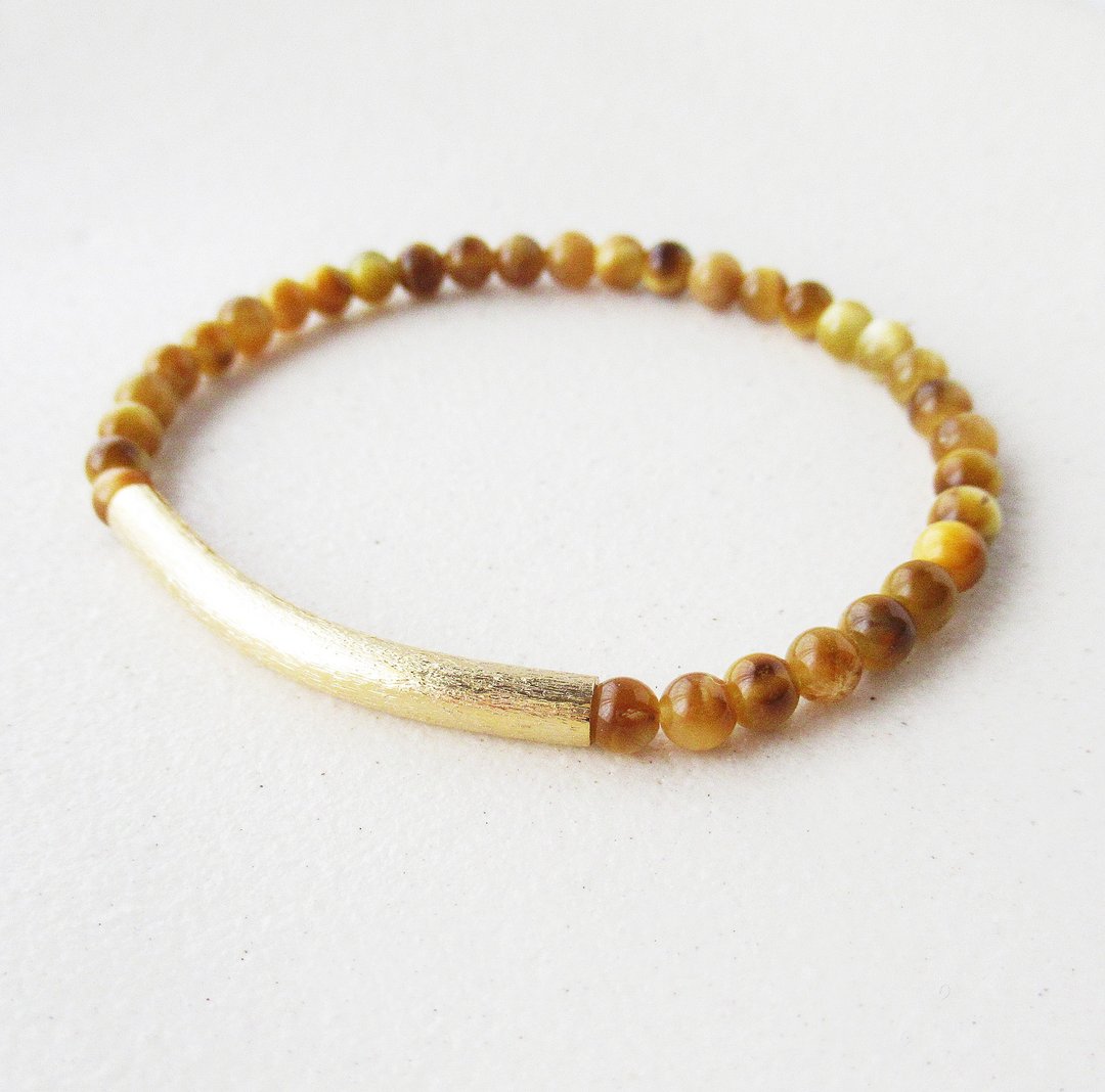 Golden tiger's eye with matte gold curved pipe bracelet - 手链/手环 - 石头 黄色