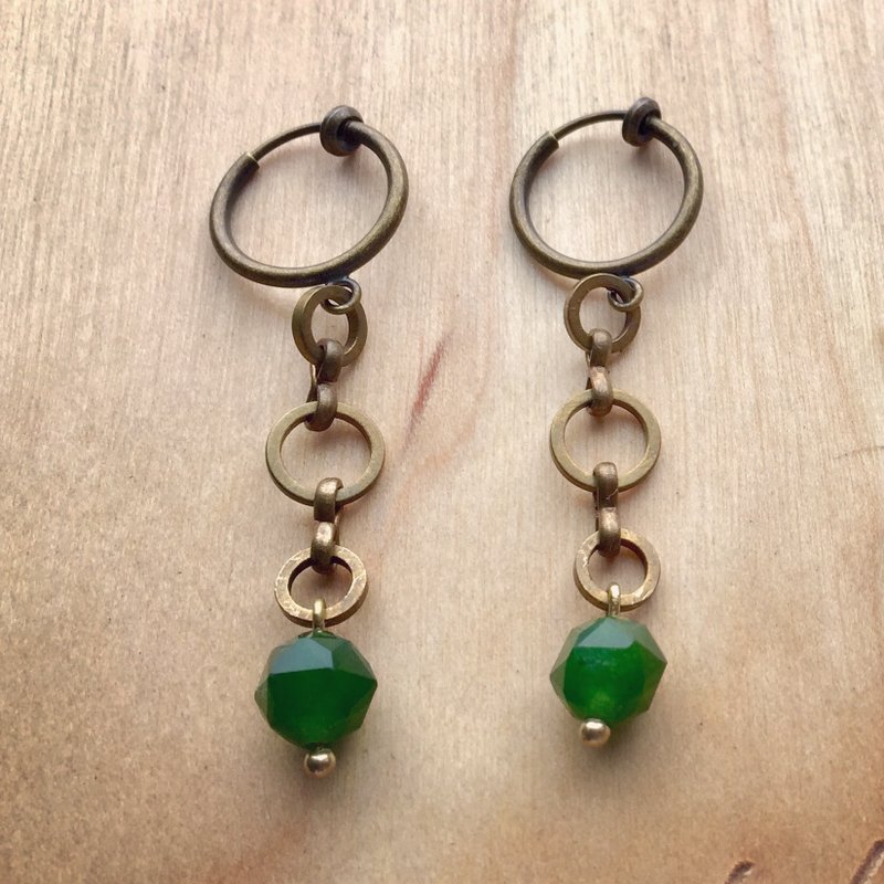 ||小碧环||美国碧玉古铜造型耳环。可改夹式/勾式 快速出货 - 耳环/耳夹 - 水晶 绿色