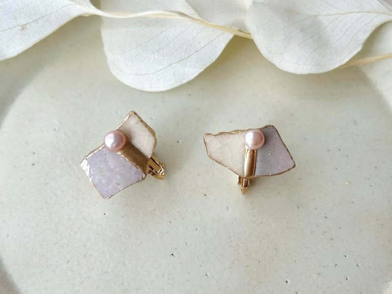 萩烧 金继 螺旋式耳夹 粉色 白色 淡水珍珠 天然石 传统工艺 No.222 - 耳环/耳夹 - 陶 粉红色