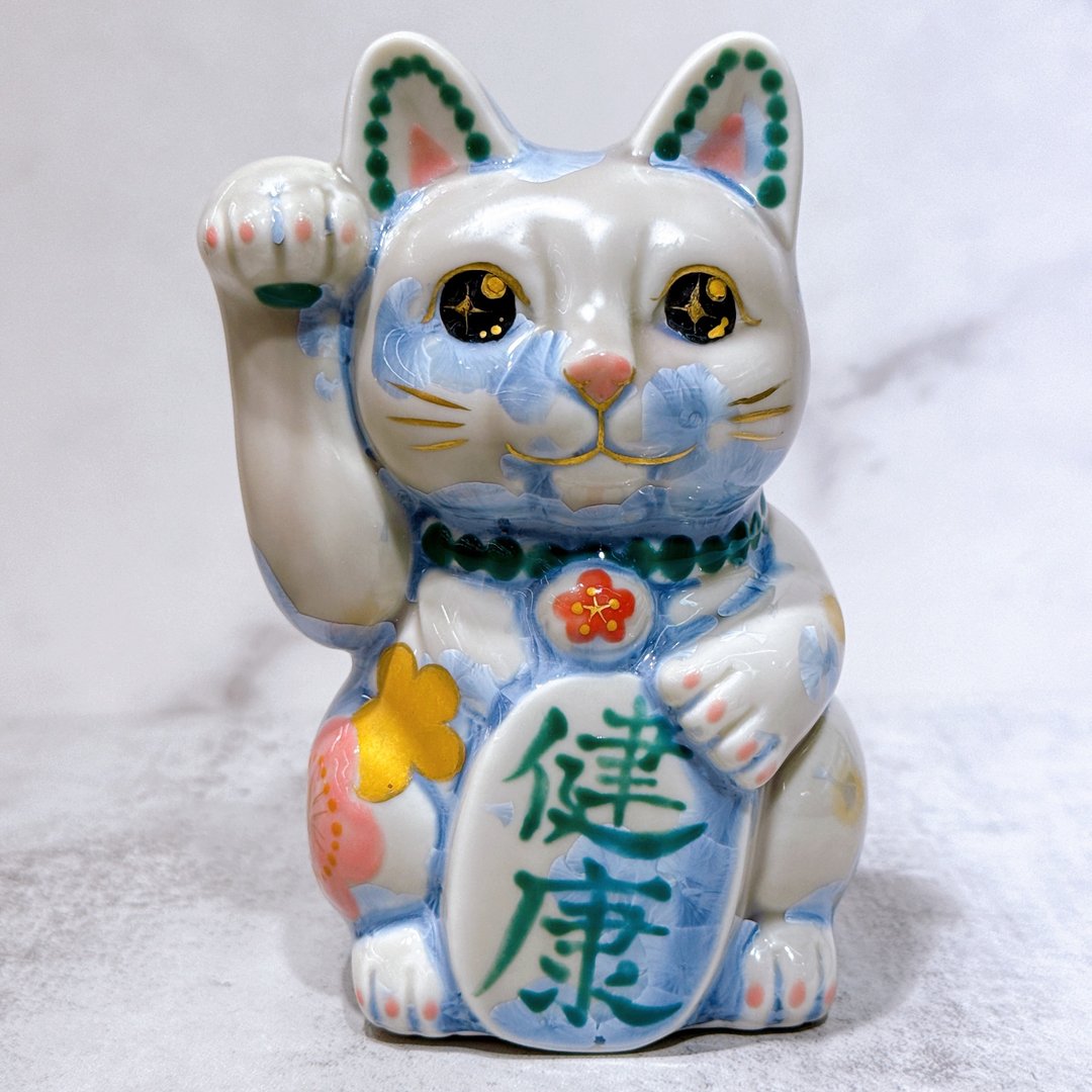 【青藤福运】日本清水烧招财猫 | 花结晶 银藤 体花 健康 右 - 摆饰 - 瓷 蓝色