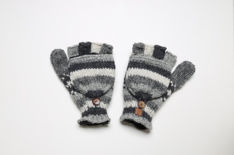 灰白十字图纹翻盖手套民族图腾配色纯羊毛线手工编织摇粒绒全内衬 - 手套 - 羊毛 灰色
