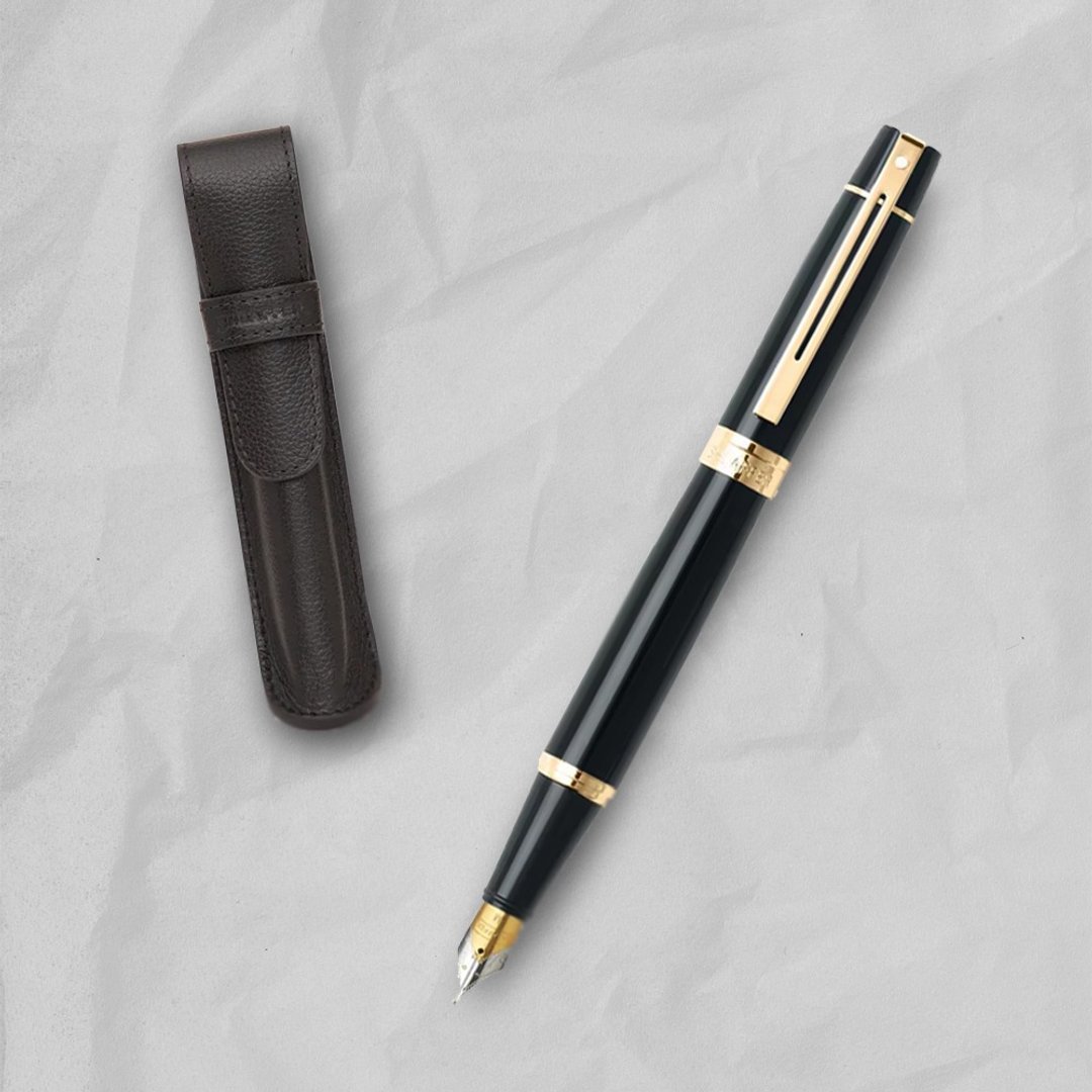 SHEAFFER  300 系列黑杆金夹钢笔-F 尖 + 皮革笔袋/手机磁性卡夹礼盒 - 钢笔 - 其他金属 黑色