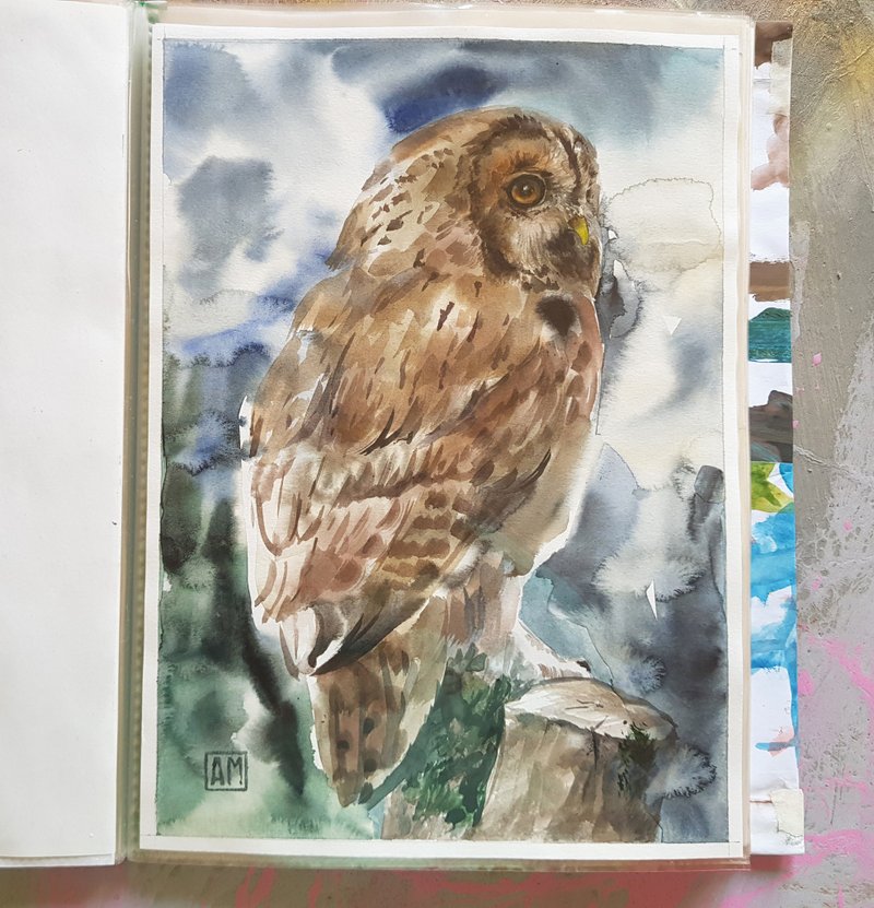 Owl - artwork hand painted Watercolor painting on paper - 墙贴/壁贴 - 其他材质 