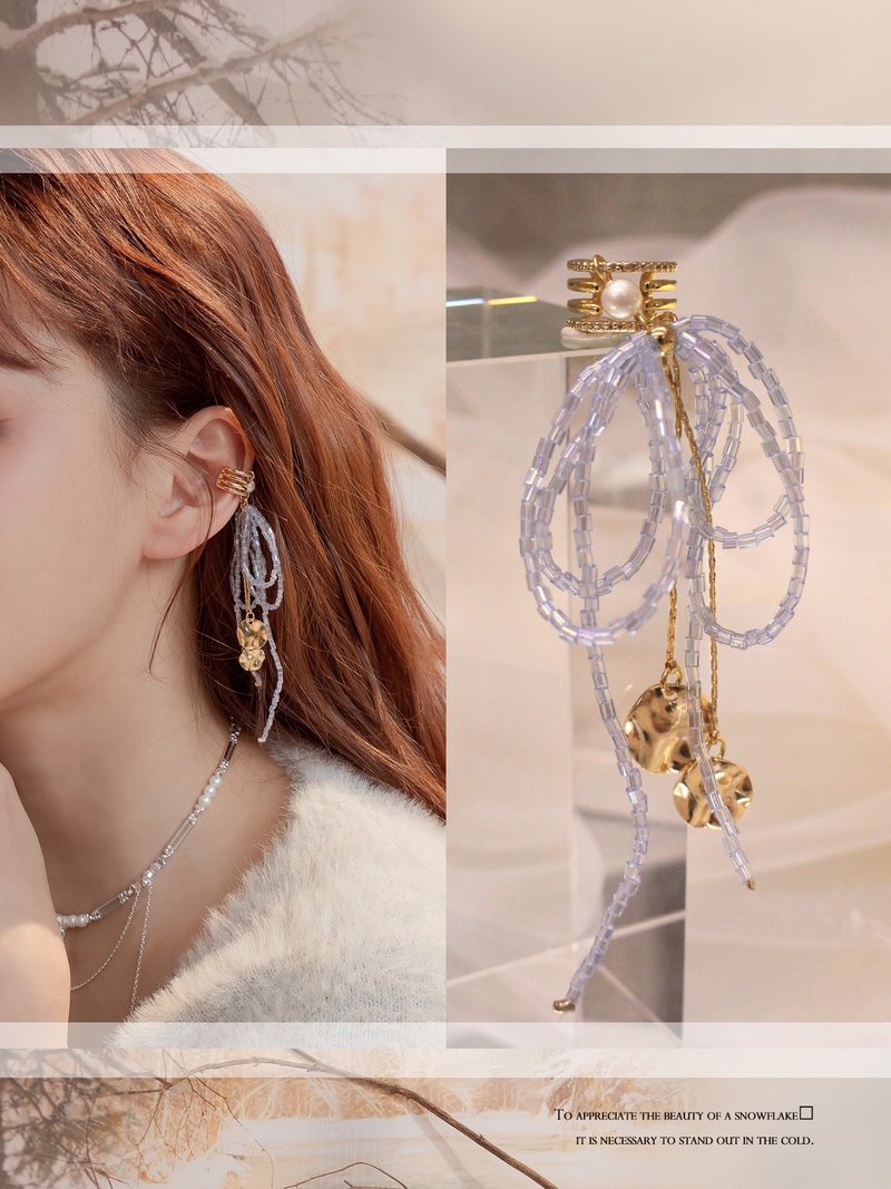 猫胡须许愿。MUCHAT手作14+18KGP锆石蝶结流苏耳骨夹(单支) - 耳环/耳夹 - 其他金属 多色