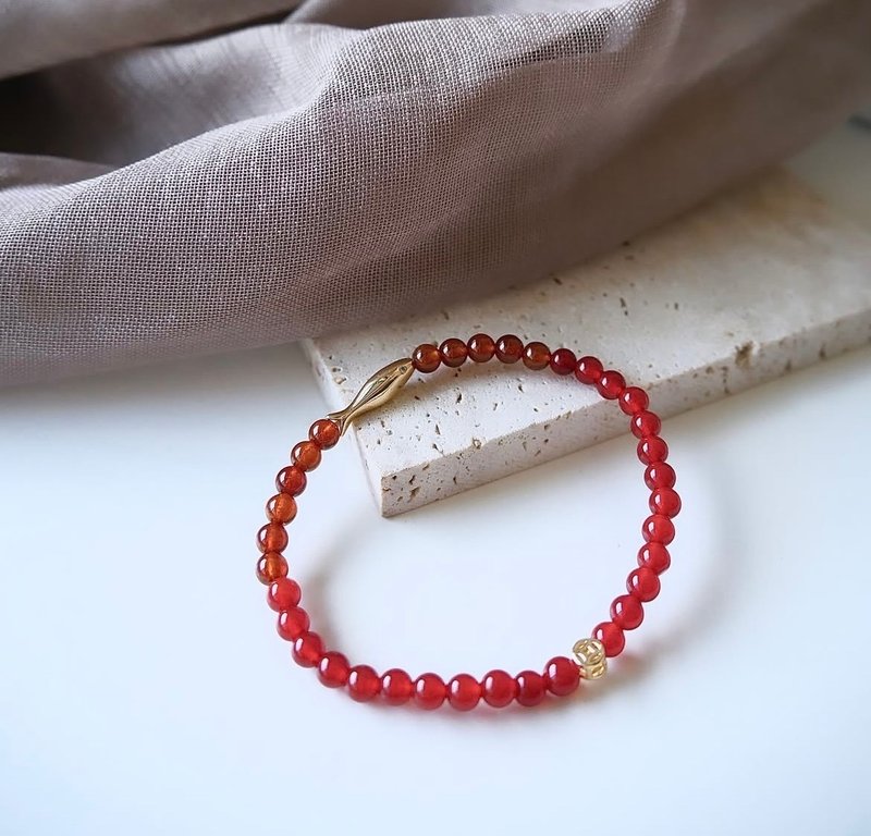 红玛瑙/橙石榴石/鱼与钱币 - 平安守护招财纳福 - 手链/手环 - 水晶 红色