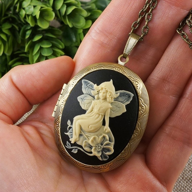 Fairy Girl Cameo Photo Locket Victorian Ivory Black Pendant Necklace Jewelry - 项链 - 其他材质 黑色