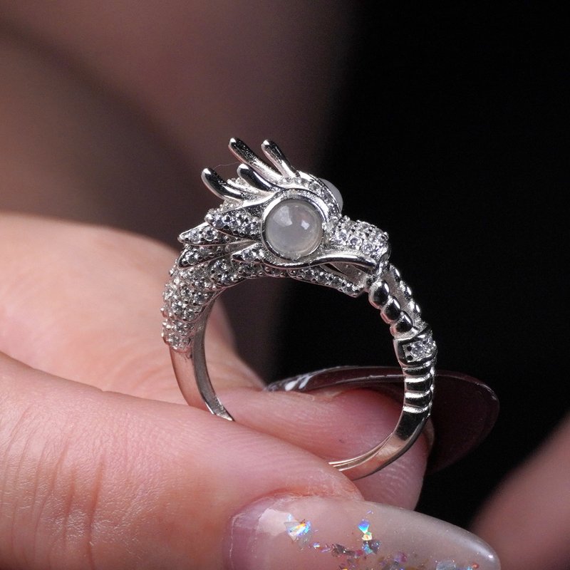 冰种翡翠蛋面龙型戒指 925纯银 | 天然缅甸玉翡翠A货 | 送礼 - 戒指 - 玉石 透明