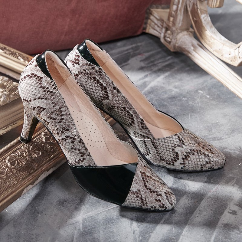 真皮拚色尖头高跟鞋 蛇纹黑色 零码优惠 - 高跟鞋 - 真皮 