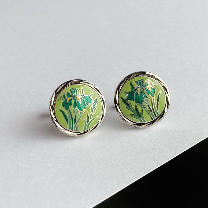 银燕子花【Mint】纯银七宝釉药袖扣（Cufflinks） 纯银珐琅釉药 银金属配件 - 袖扣 - 银 绿色