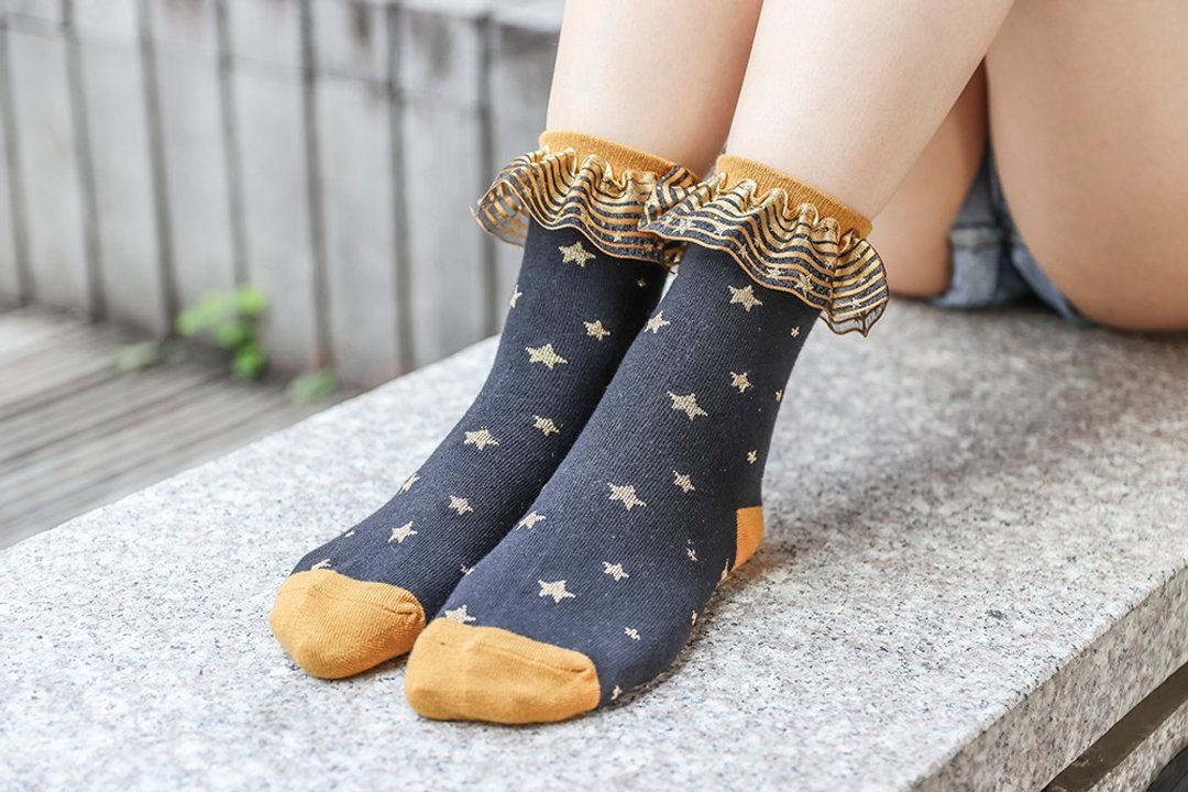 Unni璀璨星光花边袜 短袜 花边袜 短袜 袜子 鞋履袜品 棉袜 socks - 袜子 - 棉 橘色