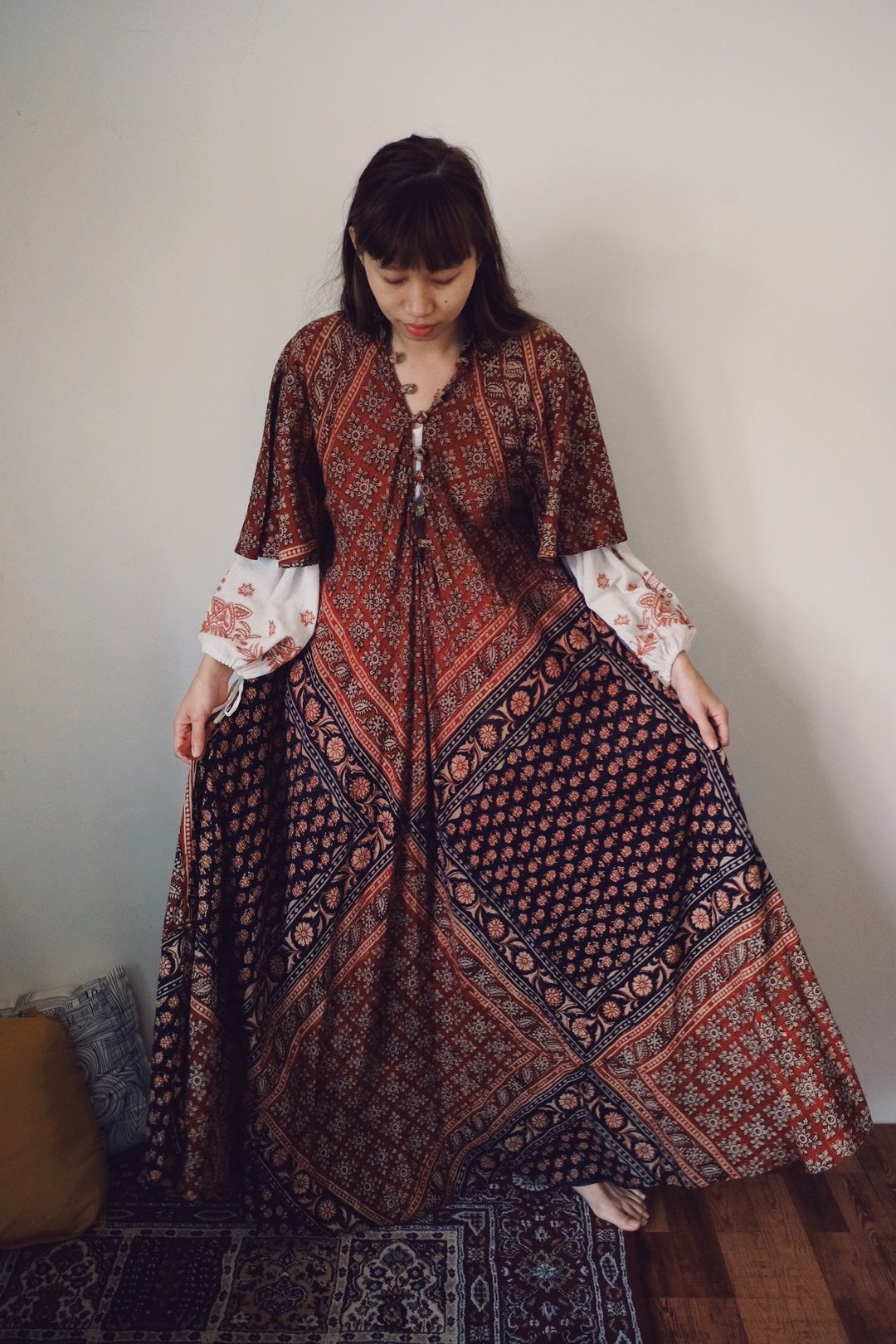 嬉皮梦幻逸品 vintage 70s dress 老印度盖印大伞摆洋装 - 洋装/连衣裙 - 棉 