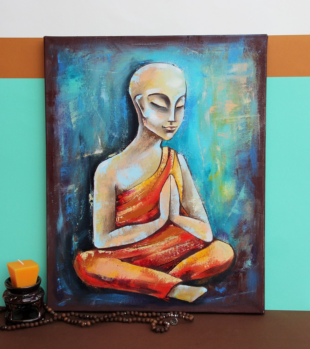 Monk Painting Buddha Original Art Buddhist Wall Art Meditation Artwork Oil - 海报/装饰画/版画 - 其他材质 蓝色