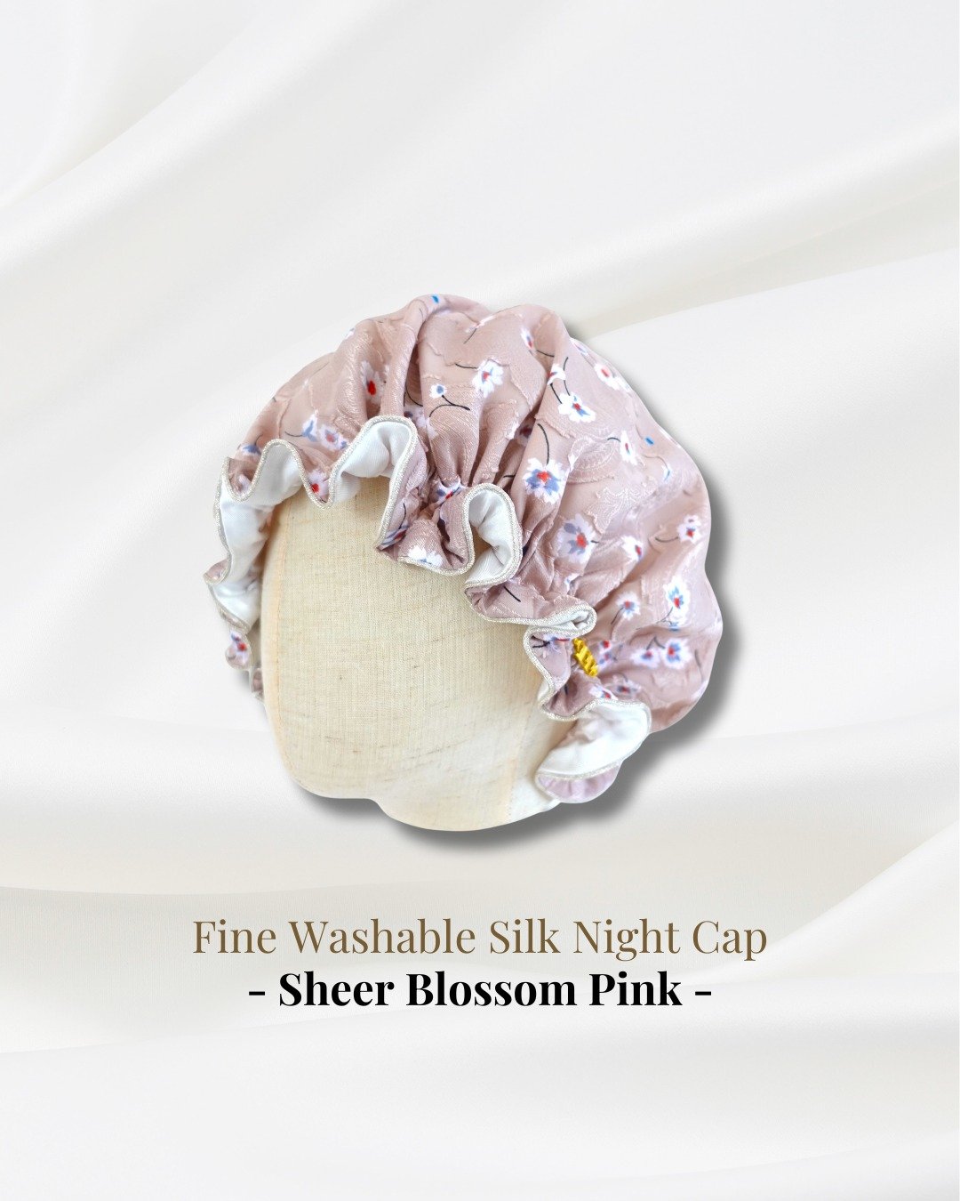 日本制可水洗蚕丝晚安帽 Sheer Blossom Pink 樱花粉 丝带滚边 印花 - 脸部按摩/清洁工具 - 丝．绢 粉红色