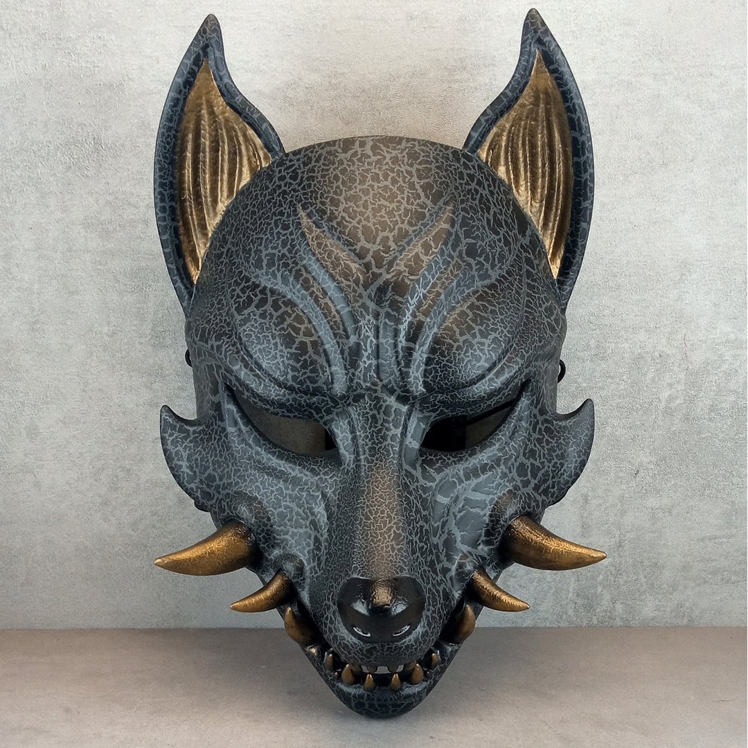 灰黑狼神面具：日本狼面具、妖怪Cosplay、狐狸风格 - 口罩 - 塑料 黑色