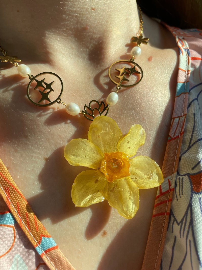 珍珠与干花设计项链 - 项链 - 不锈钢 金色