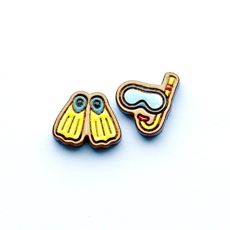 彩绘木耳环- 夏日浮潜 - 耳环/耳夹 - 木头 蓝色