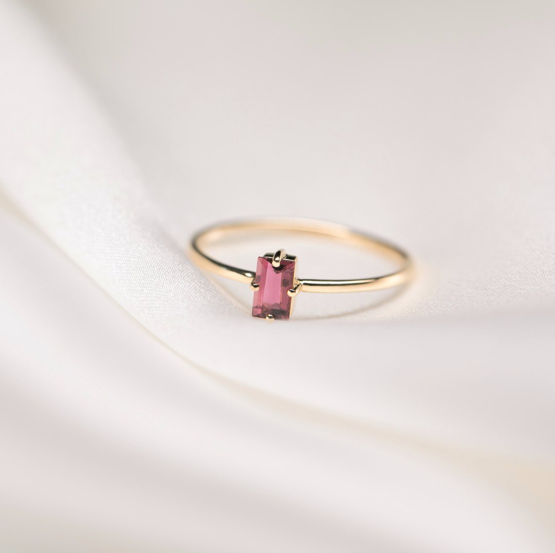 【PurpleMay Jewellery】纯18K金方形碧玺线戒戒指 婚戒订制 R021 - 戒指 - 宝石 红色