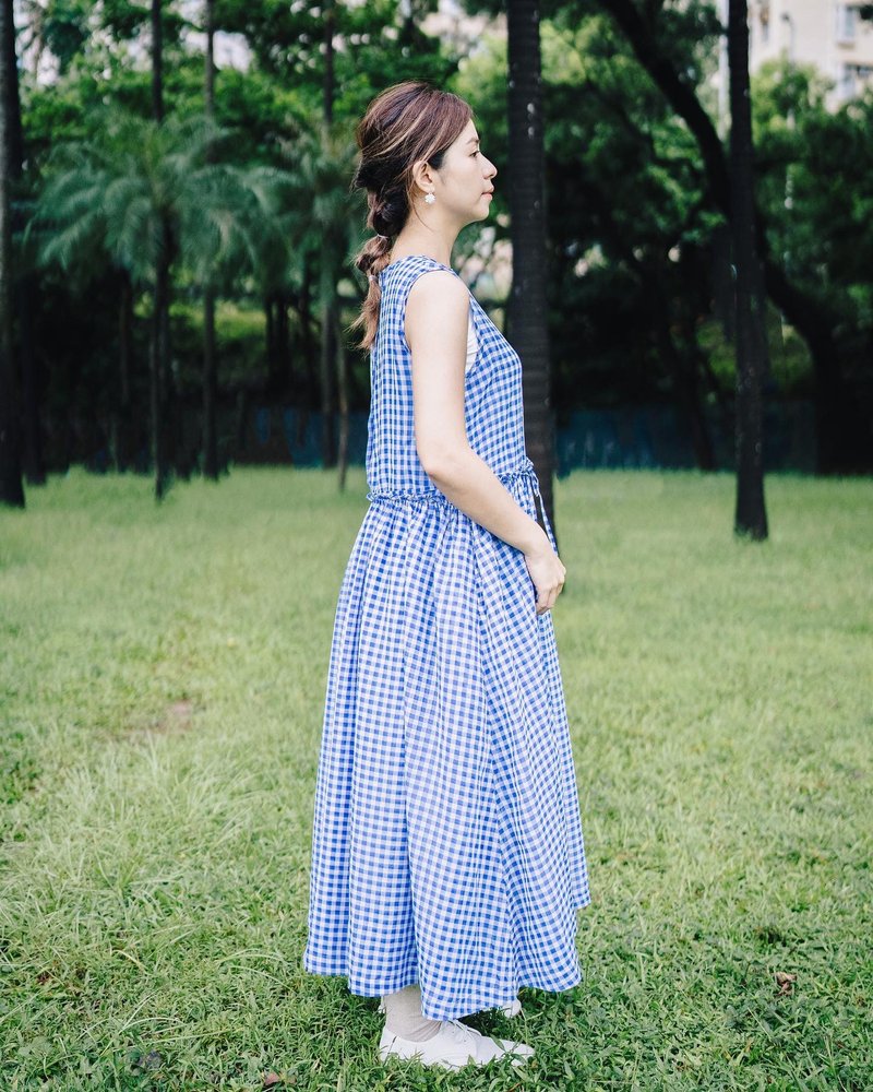 Cinderella 春夏蓝直格纹连身裙 - 洋装/连衣裙 - 棉．麻 蓝色