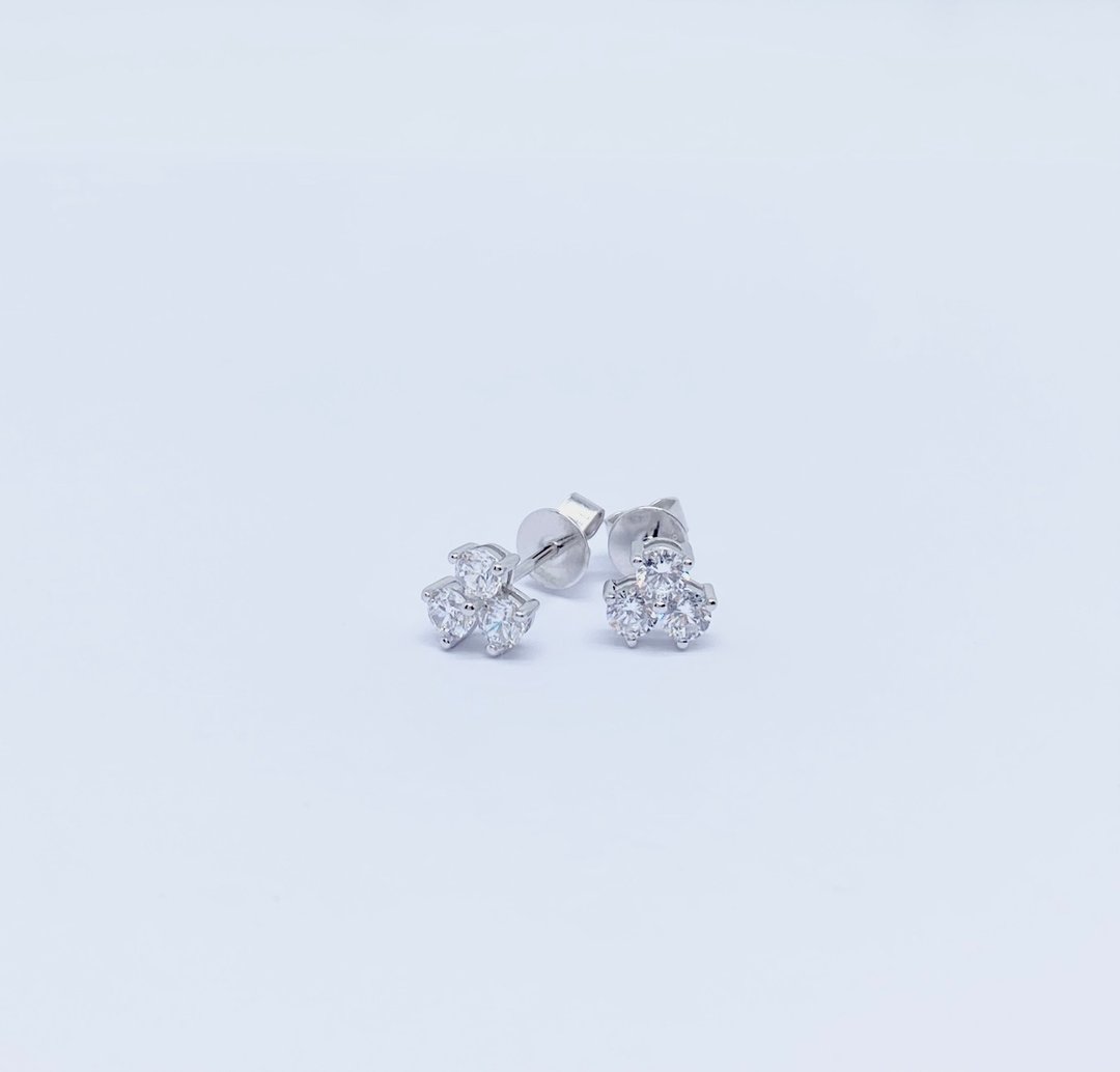 三钻耳环/ 925 纯银镀18K白金/ 方晶锆石 - 耳环/耳夹 - 纯银 银色